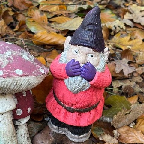 Dwerg met een roze outfit en paarse handschoenen, naast een paddenstoel op de grond.